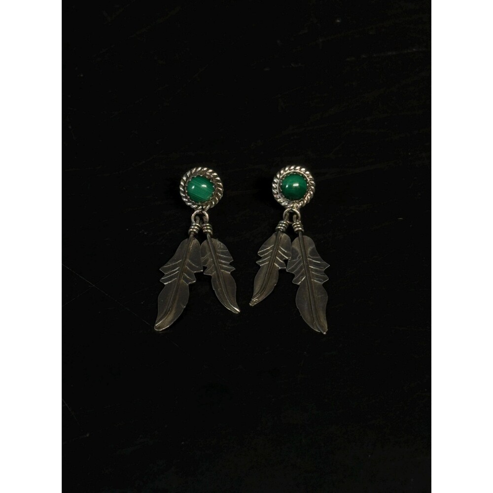 Native American Sterling Silver Malachite Feather Dangle Earrings